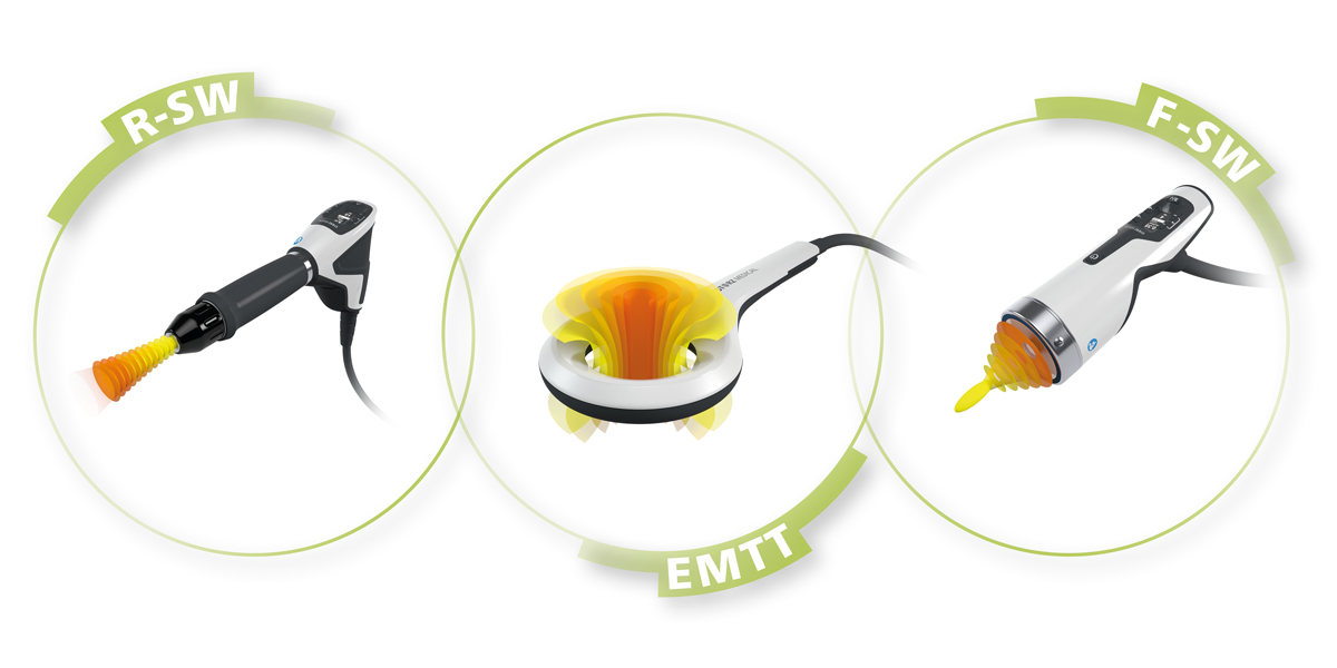 Radial shockwave, EMTT and focused shockwave therapy handpieces